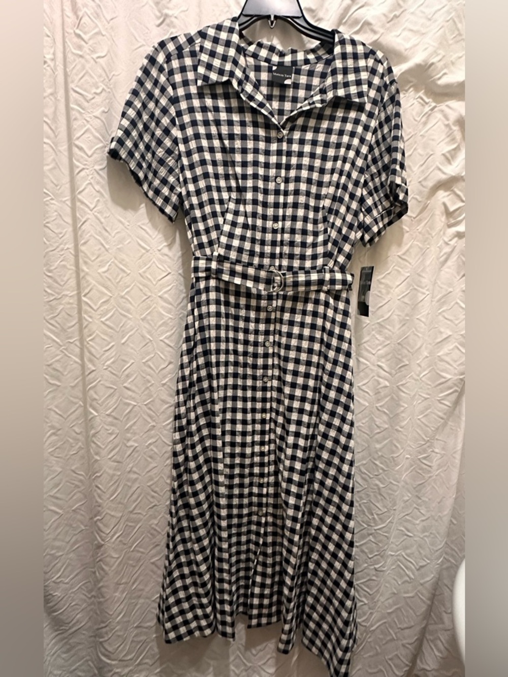 Button-Front Navy and White Gingham Shirt Dress with Belt